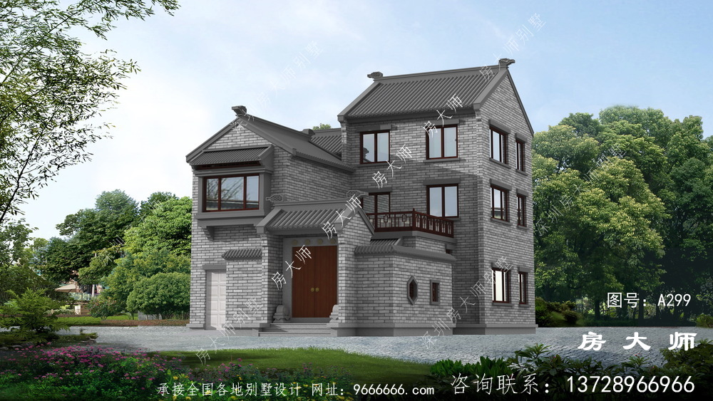 两层新中式院子别墅设计效果图