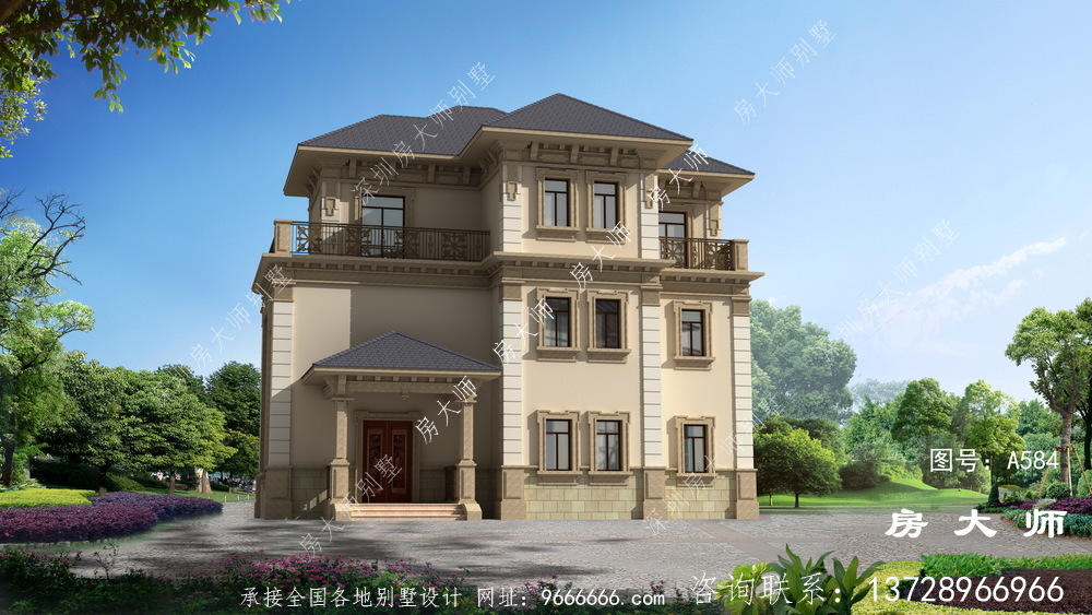 新农村建设新中式138平三层洋楼别墅设计图