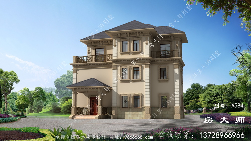 新农村建设新中式138平三层洋楼别墅设计图