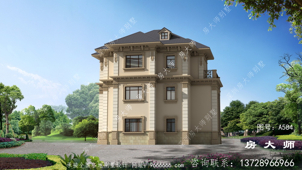 新农村建设新中式138平三层洋楼别墅设计图