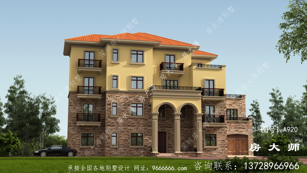 四层建筑别墅，是一幅简单的欧式外景。