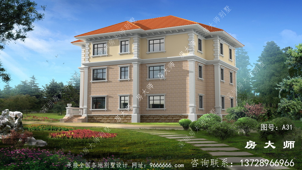 乡村三层别墅设计图纸，外型高大上，线框幽美。