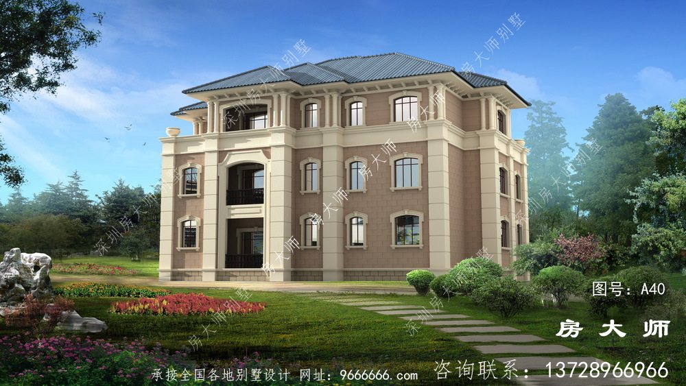 乡村三层小复式带阳台别墅设计图，外型图清爽醒目