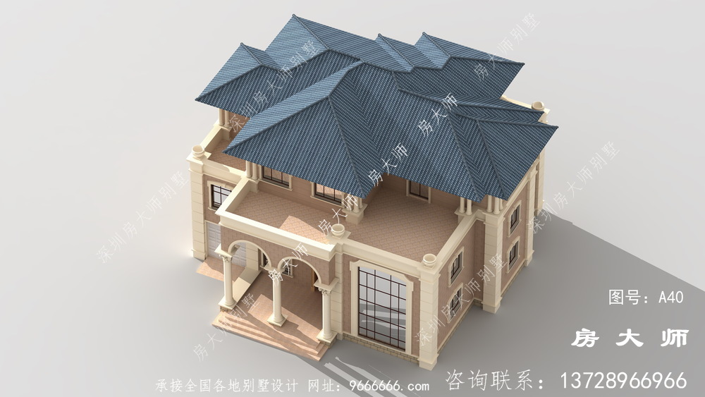 乡村三层小复式带阳台别墅设计图，外型图清爽醒目
