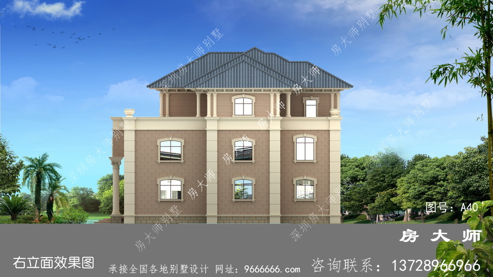 乡村三层小复式带阳台别墅设计图，外型图清爽醒目