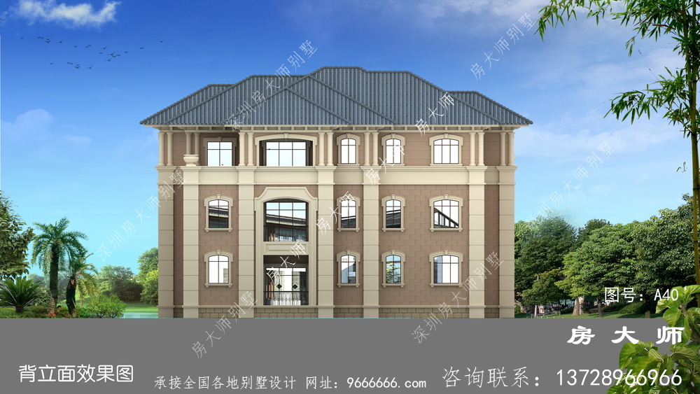 乡村三层小复式带阳台别墅设计图，外型图清爽醒目