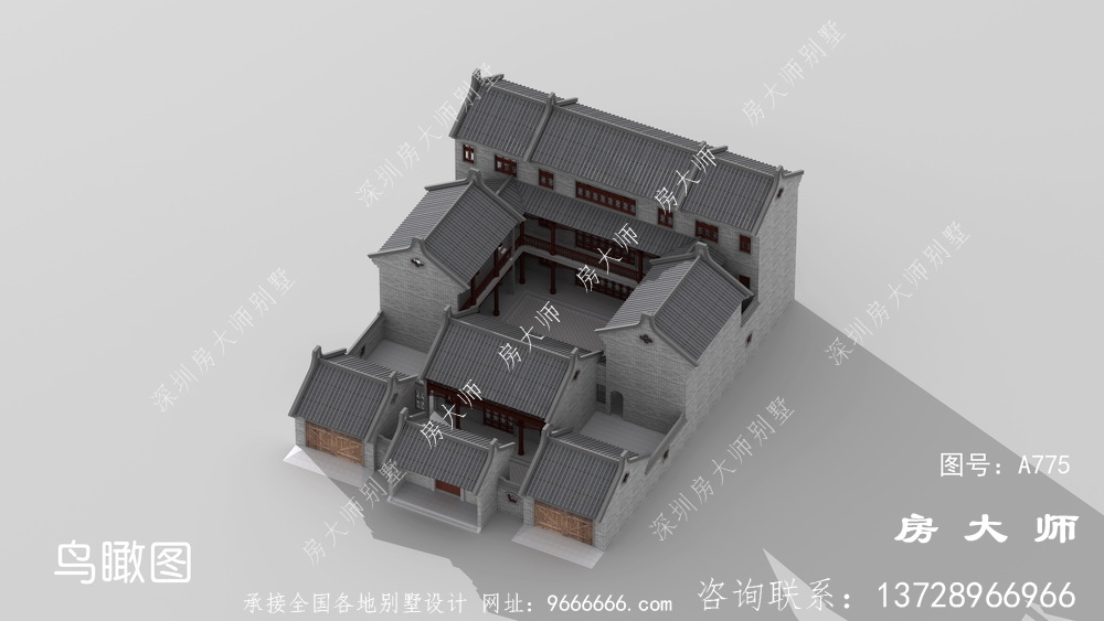 赏心悦目的中式四合院别墅外观效果图