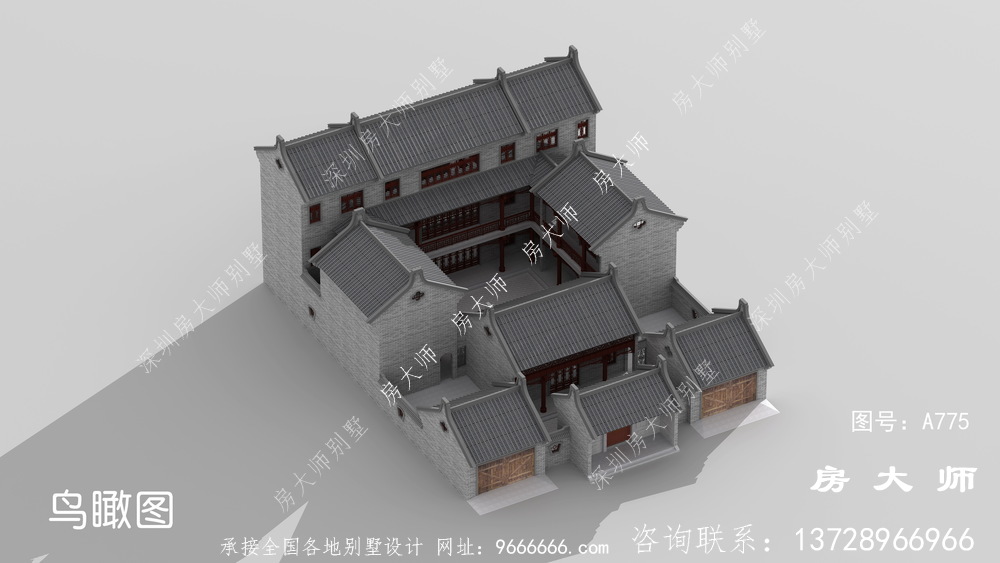 赏心悦目的中式四合院别墅外观效果图
