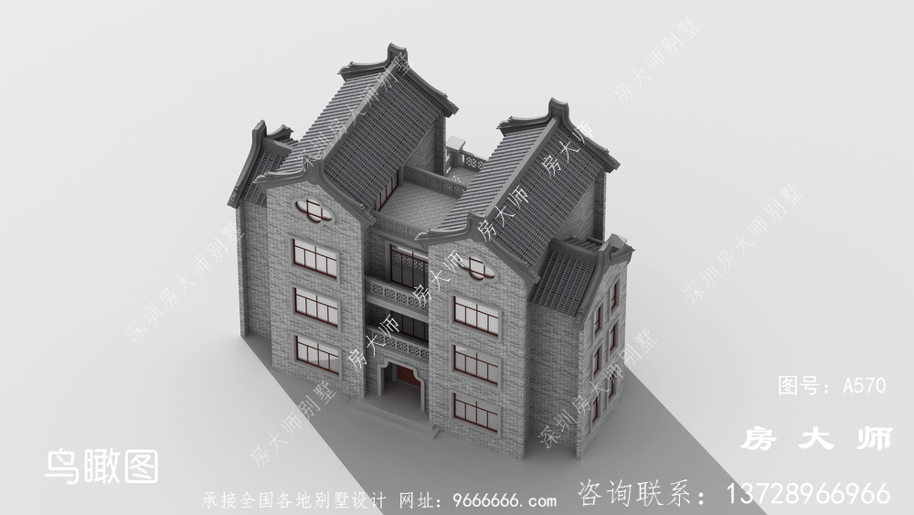 户型方正别墅的中式三层设计图
