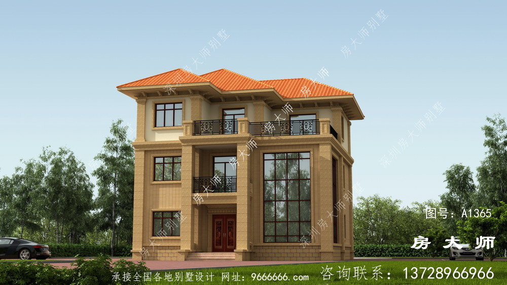 三层带停车位小洋房别墅设计图，造型设计周正