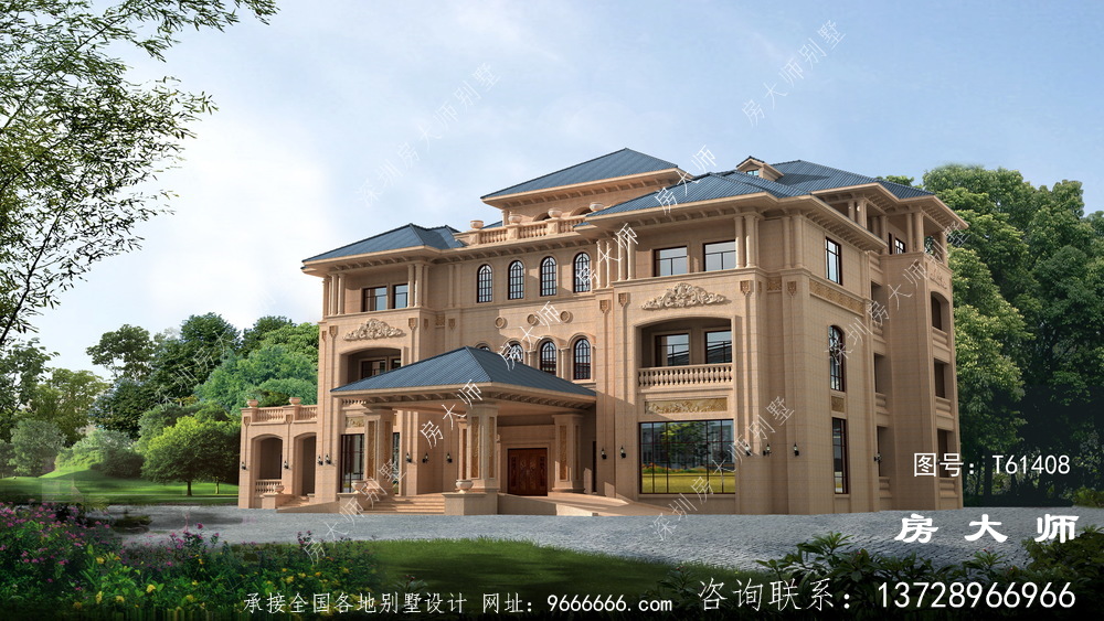 美丽豪华三楼农村建造房屋设计图，有车库