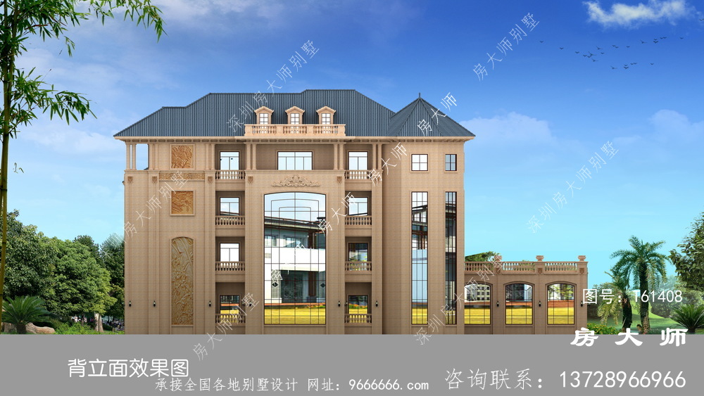 美丽豪华三楼农村建造房屋设计图，有车库