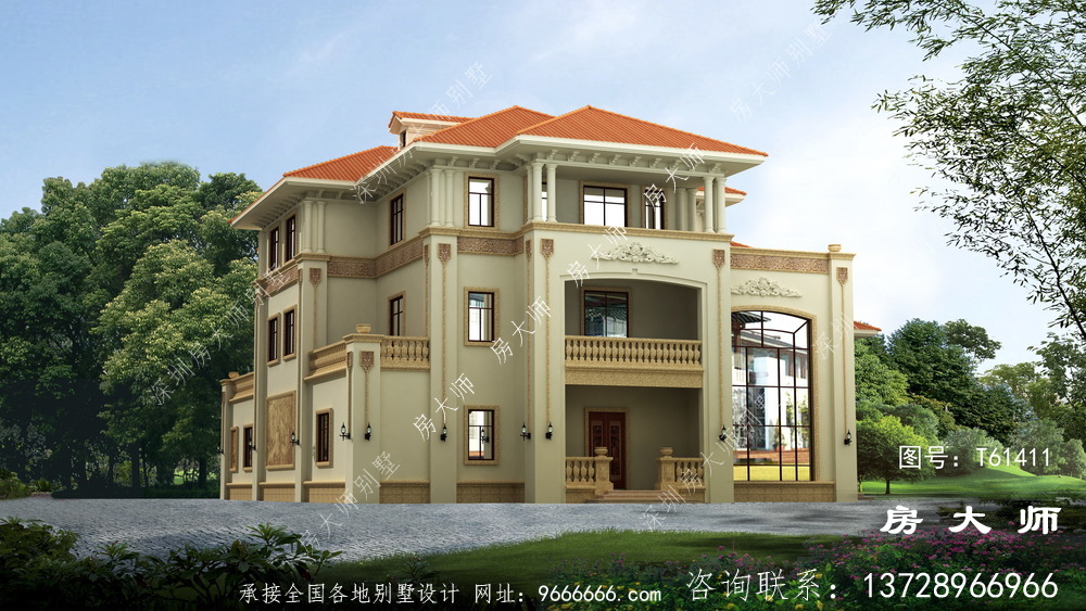 带有外观效果图的农村三层别墅住宅设计图。