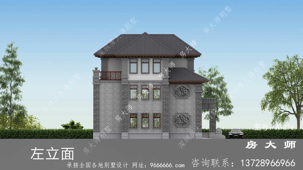 外观端正的农村新中式三层别墅设计图