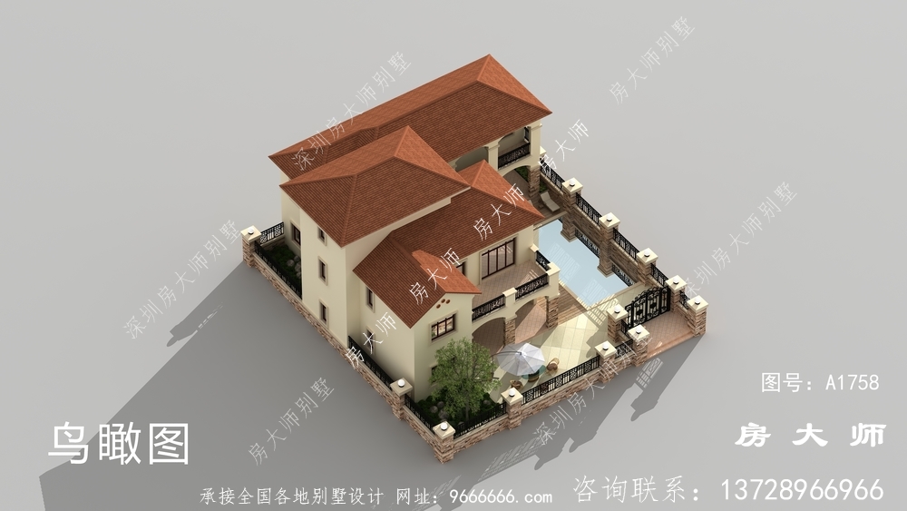 西班牙风格带院子两层别墅户型图