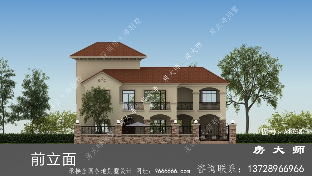 西班牙风格带院子两层别墅户型图
