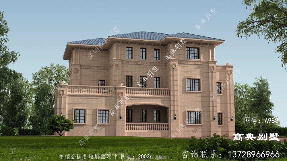 欧式石材三层乡村自建别墅设计