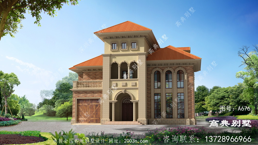 农村三楼方形别墅设计图，包括外景