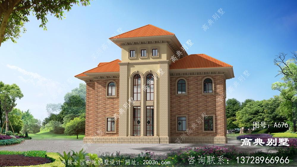 农村三楼方形别墅设计图，包括外景